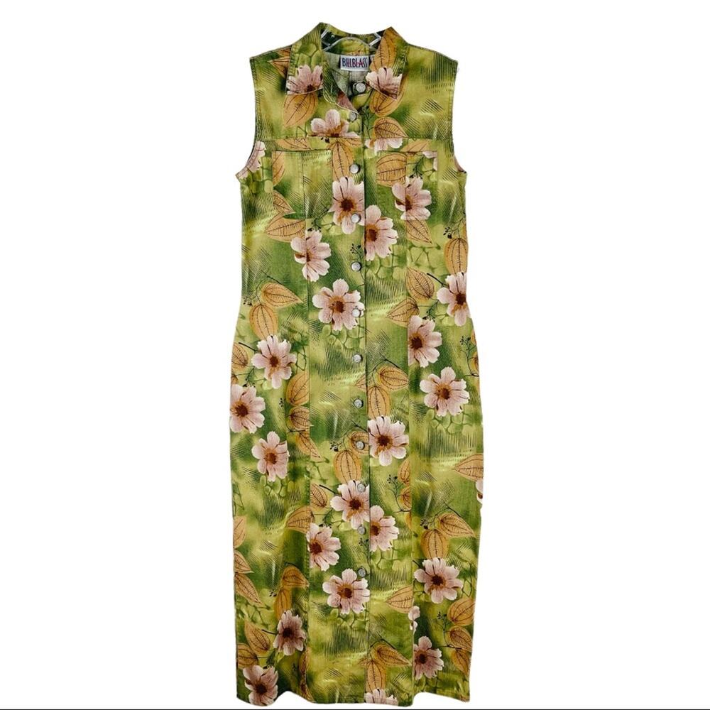 Vintage green pink floral linen button front 80s 90s maxi dress small